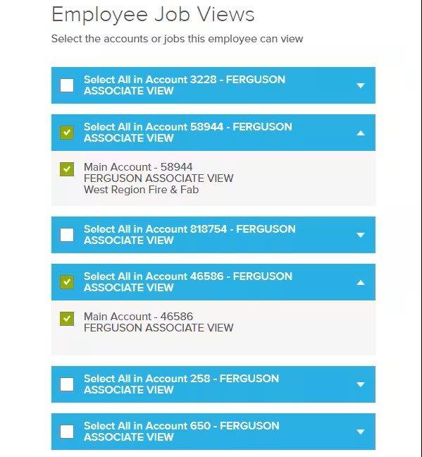 Screenshot of Employee Job Views page on ferguson.com, with menus and checkmarks for permissions for an employee to be able to view.